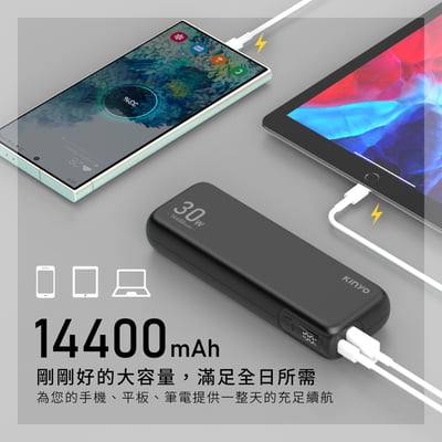 ｜KINYO｜PD 30W輕效商務極速充｜WH標示 14400mAh｜3