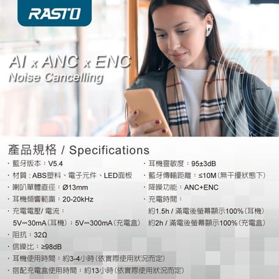 ｜RASTO｜RS70 AI智能全觸控螢幕ANC+ENC主動降噪藍牙5.4耳機｜9