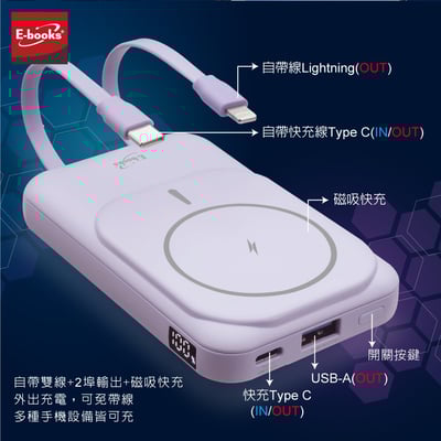 ｜Cyber｜磁吸自帶雙線｜五輸出無線充電快充行動電源｜夢幻紫｜台灣製造標示Wh｜夢幻紫｜6