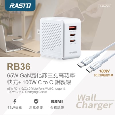 ｜Cyber｜65W GaN氮化鎵 三孔高功率快充｜100W C to C鋁製線2