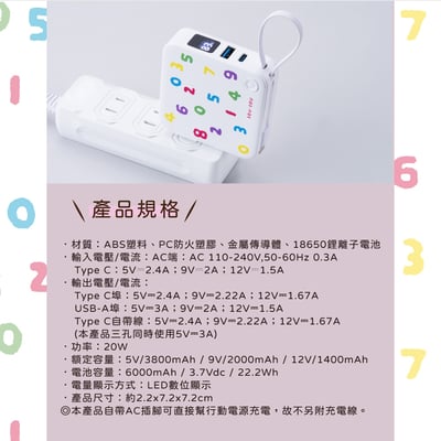 ｜SOU．SOU十數昆｜AC插座自帶線三輸出數顯快充行動電源｜22.2Wh台灣製造｜8