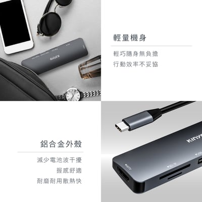 ｜KINYO｜六合一多功能擴充座｜ USB集線器/手機投影(USB 3.2、Type-C、HDTV、SD、TF)｜10