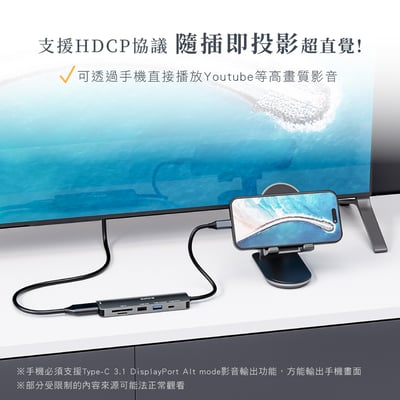 ｜KINYO｜六合一多功能擴充座｜ USB集線器/手機投影(USB 3.2、Type-C、HDTV、SD、TF)｜5