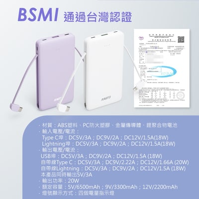 ｜CyberStore｜自帶雙線｜三輸出快充版行動電源 38Wh｜夢幻紫｜純白色｜台灣製造｜5