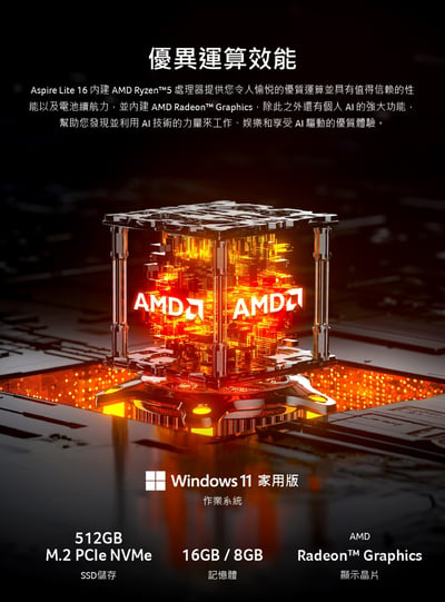 ｜效能筆電優惠｜Acer 宏碁 16吋R5效能筆電(Aspire Lite/AL16-62P-R1N9/R5-7640HS/16G/512G/W11)4