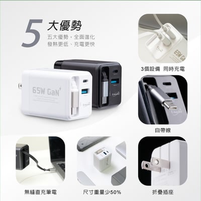 ｜E-books ｜B121 【台灣製造】自帶快充伸縮線65W GaN氮化鎵抗彎折極速充電器｜5