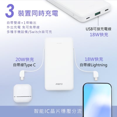 ｜CyberStore｜自帶雙線｜三輸出快充版行動電源 38Wh｜夢幻紫｜純白色｜台灣製造｜6