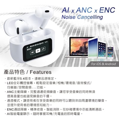 ｜RASTO｜RS70 AI智能全觸控螢幕ANC+ENC主動降噪藍牙5.4耳機｜2