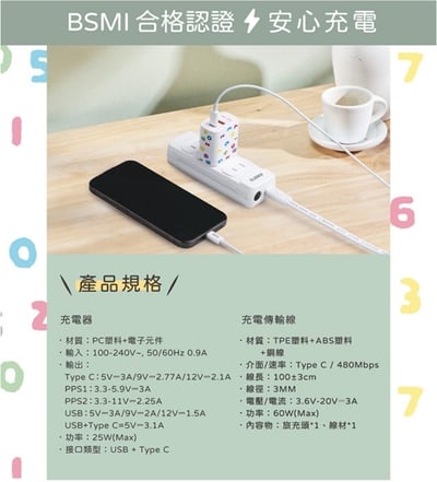 ｜SOU．SOU十數昆｜25W氮化鎵GaN 1A1C + 60W C to C 快充傳輸線組｜7