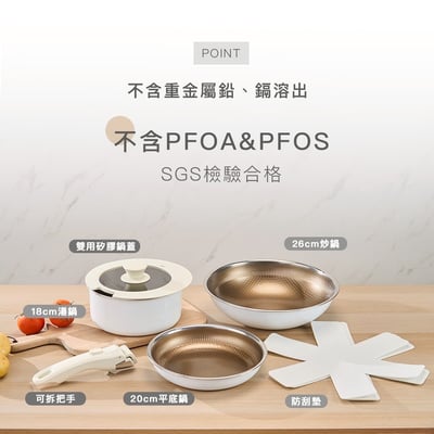 ｜Zodiac 諾帝亞｜可拆把手立體金蜂巢不鏽鋼鍋6件組｜26cm炒鍋、20cm平底、18cm湯鍋｜不挑爐具｜5