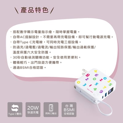 ｜SOU．SOU十數昆｜AC插座自帶線三輸出數顯快充行動電源｜22.2Wh台灣製造｜3