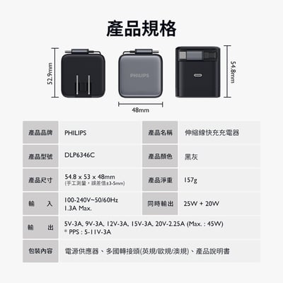 ｜Philips 飛利浦｜45W伸縮線電源供應器｜含萬國轉接頭9