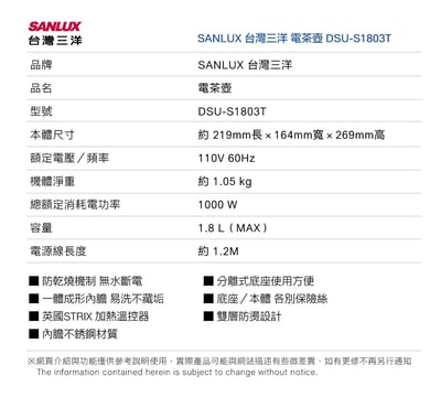 ｜SANLUX ｜1.8L雙層防燙不鏽鋼電茶壺/快煮壺 ｜6