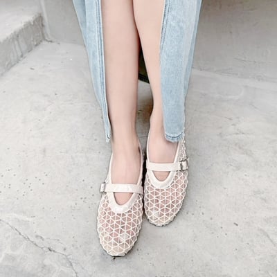 大尺碼透膚編織網面瑪莉珍平底鞋5