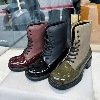 硬派漆皮拼接綁帶短靴1