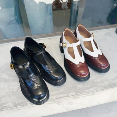 復古雕花雙色T字粗跟瑪莉珍2