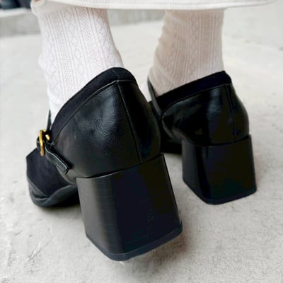 方頭絨布拼接瑪莉珍粗跟鞋5