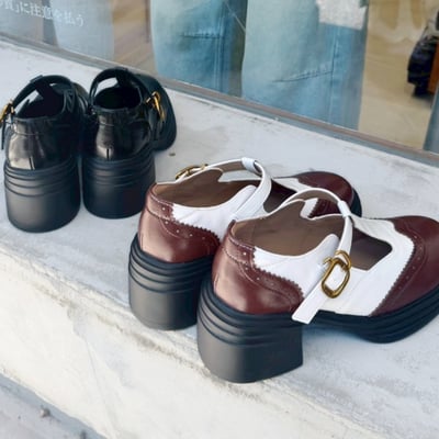 復古雕花雙色T字粗跟瑪莉珍3