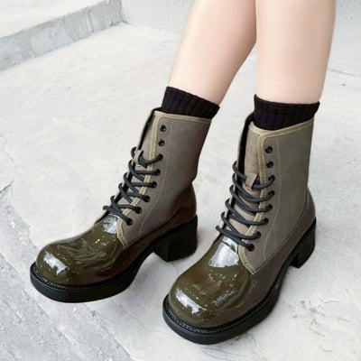 硬派漆皮拼接綁帶短靴2