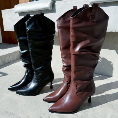 都會尖頭V口皺褶細跟長靴3