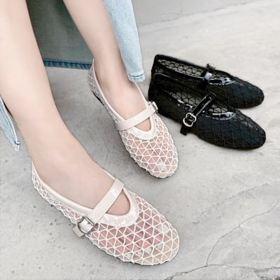 大尺碼透膚編織網面瑪莉珍平底鞋1