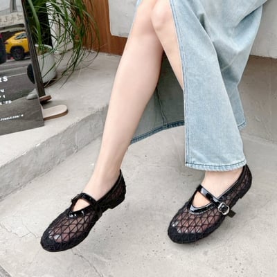 大尺碼透膚編織網面瑪莉珍平底鞋3