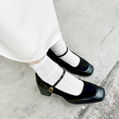 方頭絨布拼接瑪莉珍粗跟鞋4