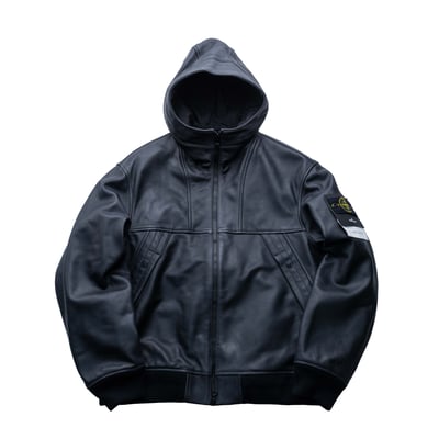 Stone Island Texture Leather 壓紋連帽皮衣 黑1