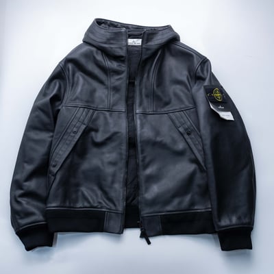 Stone Island Texture Leather 壓紋連帽皮衣 黑3