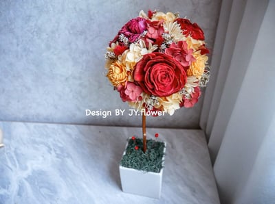 乾燥永生繡球花球樹盆花【橘橙暗紅】2