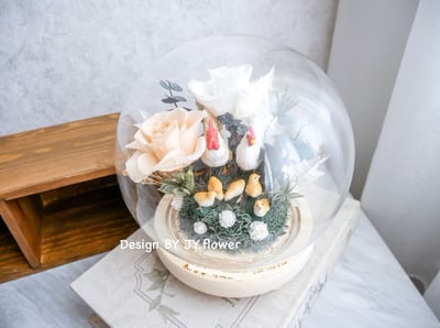 永生玫瑰水晶球玻璃罩帶路雞夜燈【溫柔香檳】1