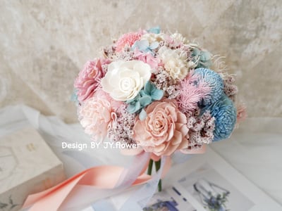圓形乾燥花分束捧花【寧靜粉藍】2