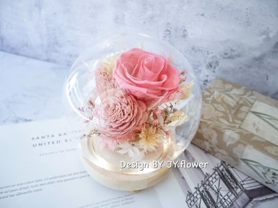 乾燥永生玫瑰水晶球玻璃罩夜燈【桃粉甜心】1