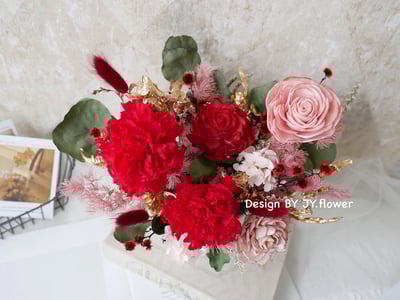 母親節花禮【不凋康乃馨桌花】中大型圓盆永生花盆花2