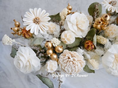 大型長盆乾燥花盆花【純白流金】2