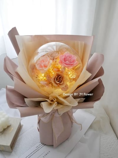 波波球大款永生玫瑰花束【輕裸櫻粉】3