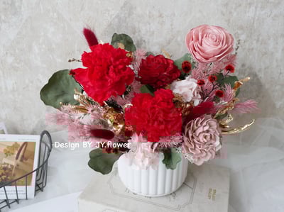 母親節花禮【不凋康乃馨桌花】中大型圓盆永生花盆花3