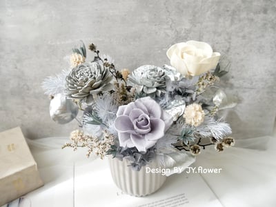 中大型圓盆永生乾燥盆花【霧感冷灰】1