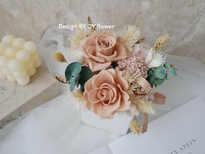 中小型乾燥雙永生玫瑰盆花【柔粉燕麥】2