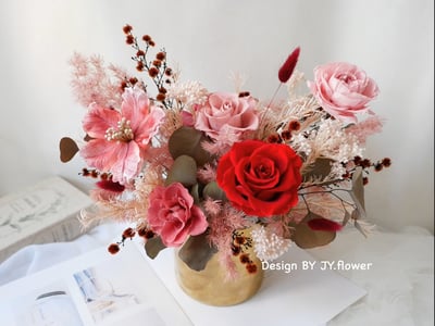 大型圓盆永生乾燥盆花【嫣紅粉黛】2