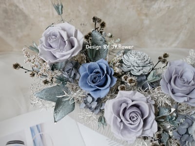 中大型長盆直紋永生乾燥盆花【沉靜灰藍】2