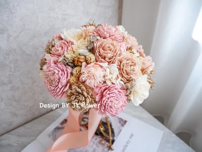 圓形乾燥花分束捧花【粉櫻輕裸】3