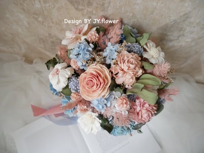 自然型手綁乾燥花捧花【寧靜粉藍】3