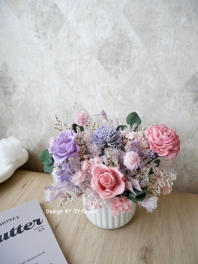 中大型圓盆永生乾燥盆花【霧紫粉晶】1