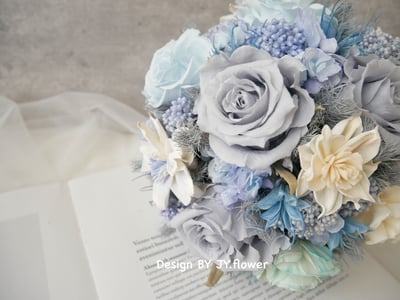 圓形不凋花捧花【寒冰灰藍】3