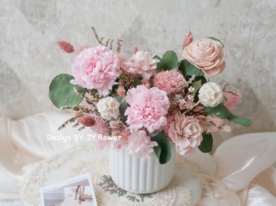 母親節花禮【不凋康乃馨桌花】中大型圓盆永生花盆花3