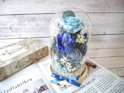 乾燥永生玫瑰長型玻璃罩夜燈【爵士藍調】1