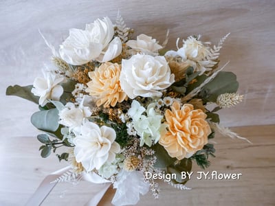 自然型手綁乾燥花分束捧花【純白蜜橘】2