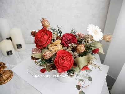 中大型圓盆乾燥花盆花【春紅凝香】2