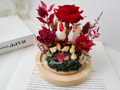 永生玫瑰水晶球玻璃罩帶路雞夜燈【好運當紅】2